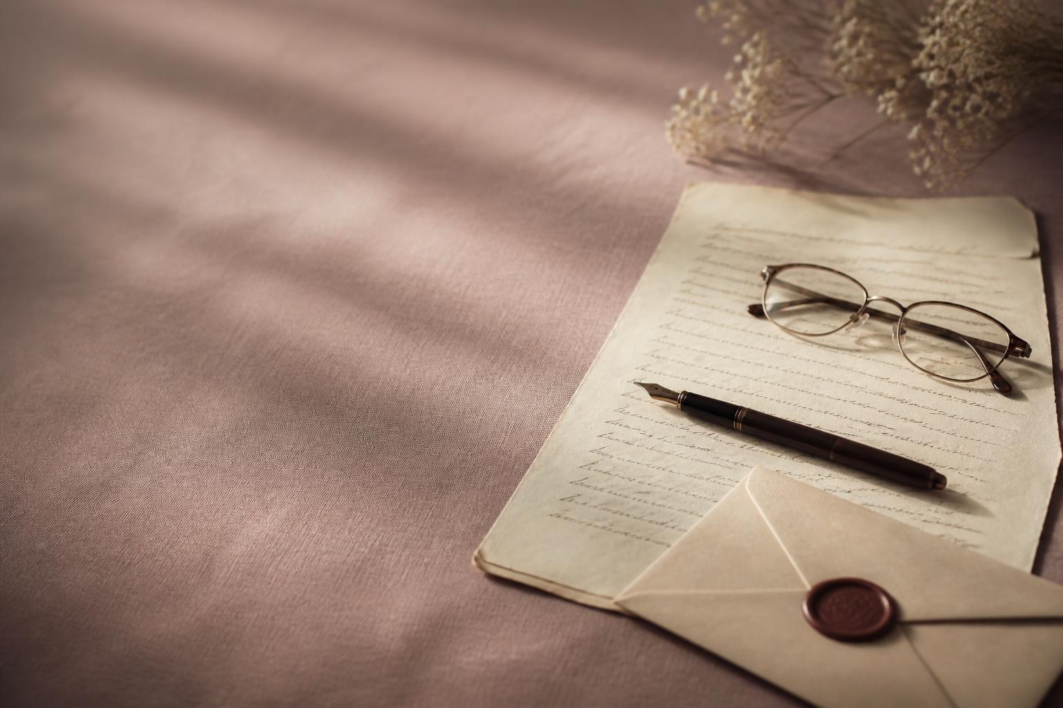 Handschriftliches Testament mit Füllfederhalter, Lesebrille und versiegeltem Umschlag